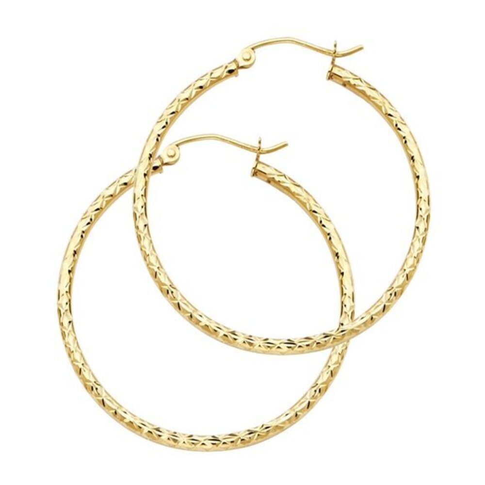 14K Yellow gold Silk Diamond Cut 1.5mm Round Tube Hoop Earrings (25mm)